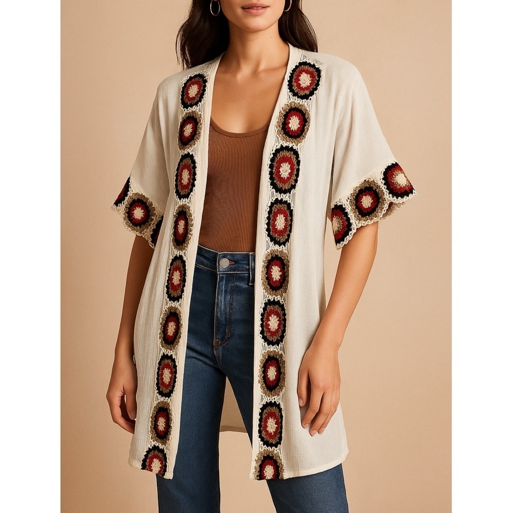 NWT Sweet Magnolia Crochet Trim Cotton Gauze Kimono Kaftan Boho Duster M